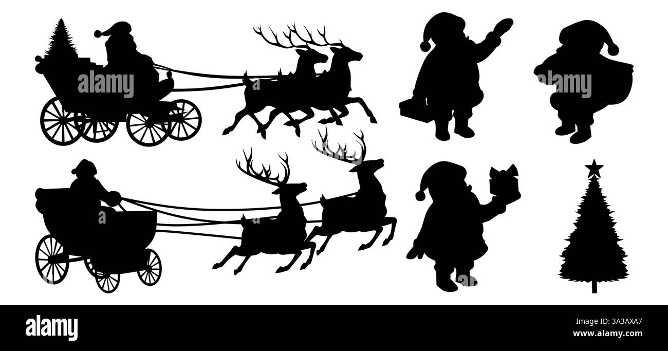 Sagome di Babbo Natale, renne, slitta e un albero di Natale, raffiguranti l'allegria delle feste. Illustrazione Vettoriale
