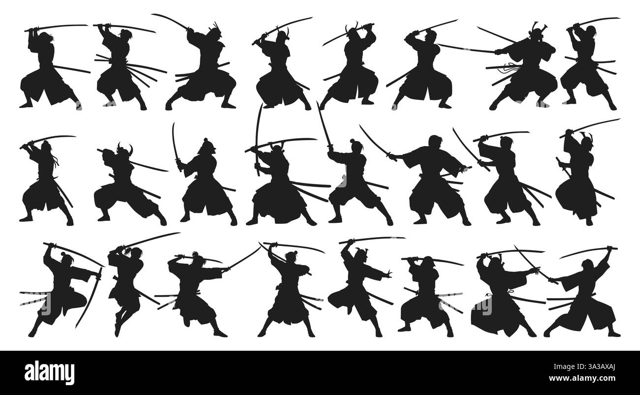 Sagome di guerrieri samurai che praticano varie posizioni e tecniche di combattimento con la spada. Illustrazione Vettoriale