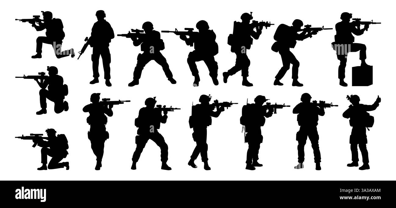 Sagome di soldati armati in varie posizioni di combattimento, pronti per l'azione tattica. Illustrazione Vettoriale