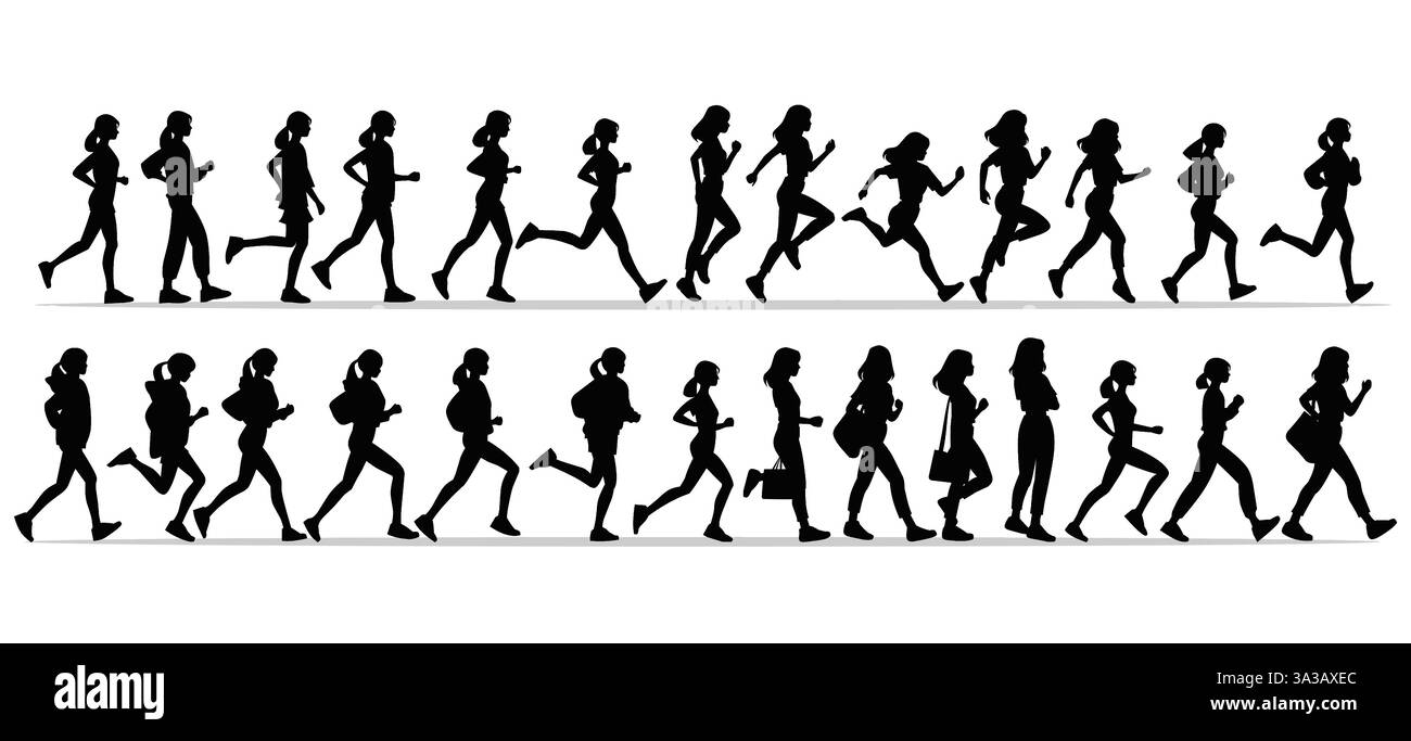 silhouette di donne che camminano, corrono e fanno jogging in posizioni diverse. Le figure sono raffigurate con variazioni di velocità, postura e trasporto di borse o zaini. Illustrazione Vettoriale