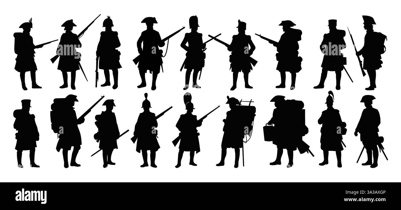 Una sagoma di soldati di diversi periodi storici, ognuno con varie armi e attrezzature, mostrando diverse uniformi militari e posture. Illustrazione Vettoriale