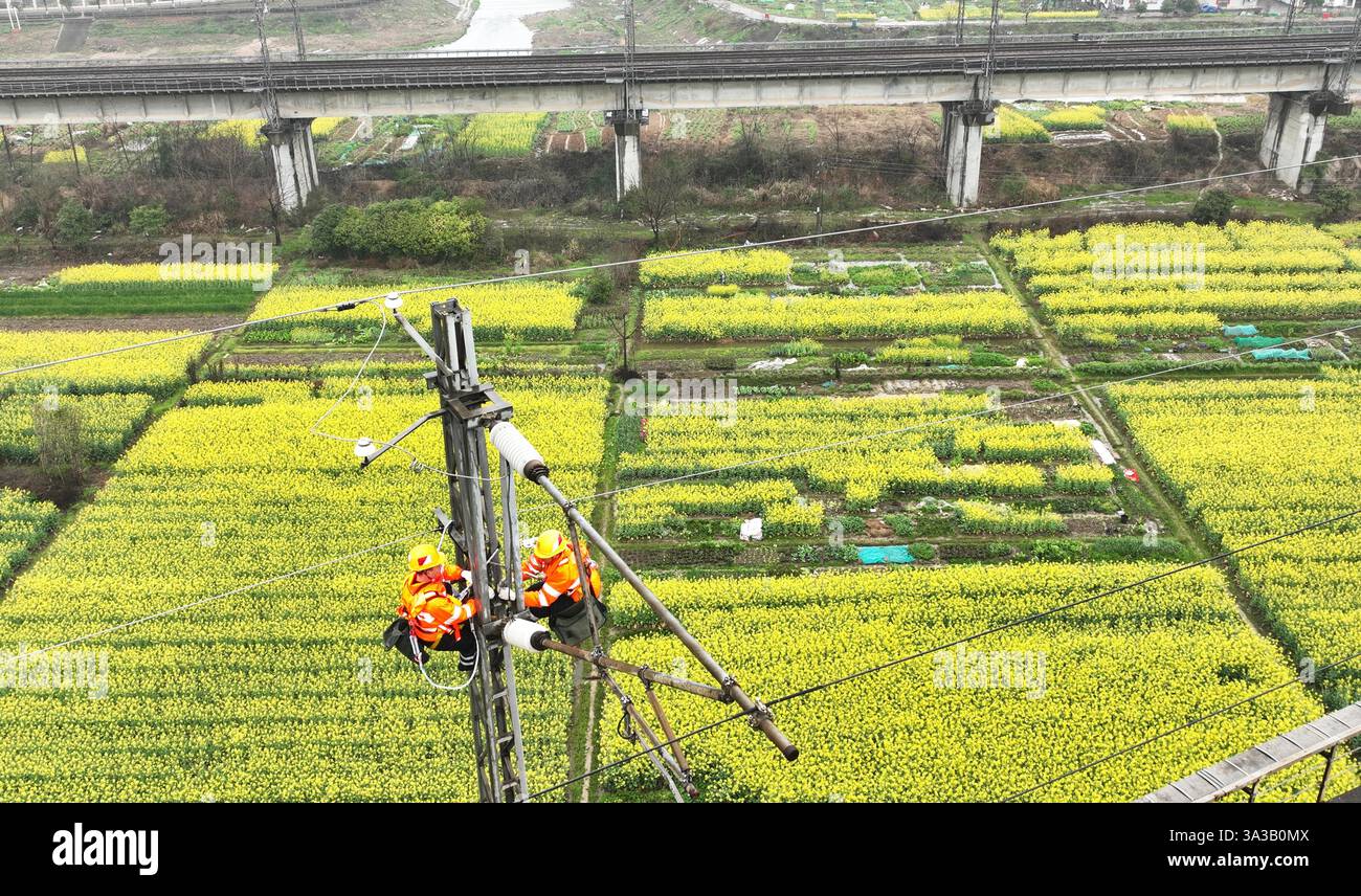 NANCHANG, CINA - 14 MARZO 2025 - due lavoratori della linea aerea di contatto in un'officina di alimentazione installano un dispositivo antiuccelli sulla linea aerea pilla Foto Stock