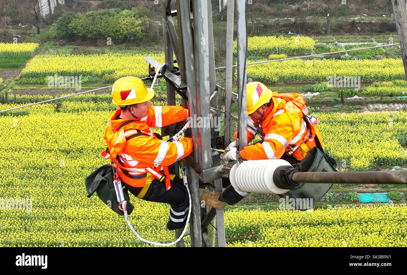 NANCHANG, CINA - 14 MARZO 2025 - due lavoratori della linea aerea di contatto in un'officina di alimentazione installano un dispositivo antiuccelli sulla linea aerea pilla Foto Stock