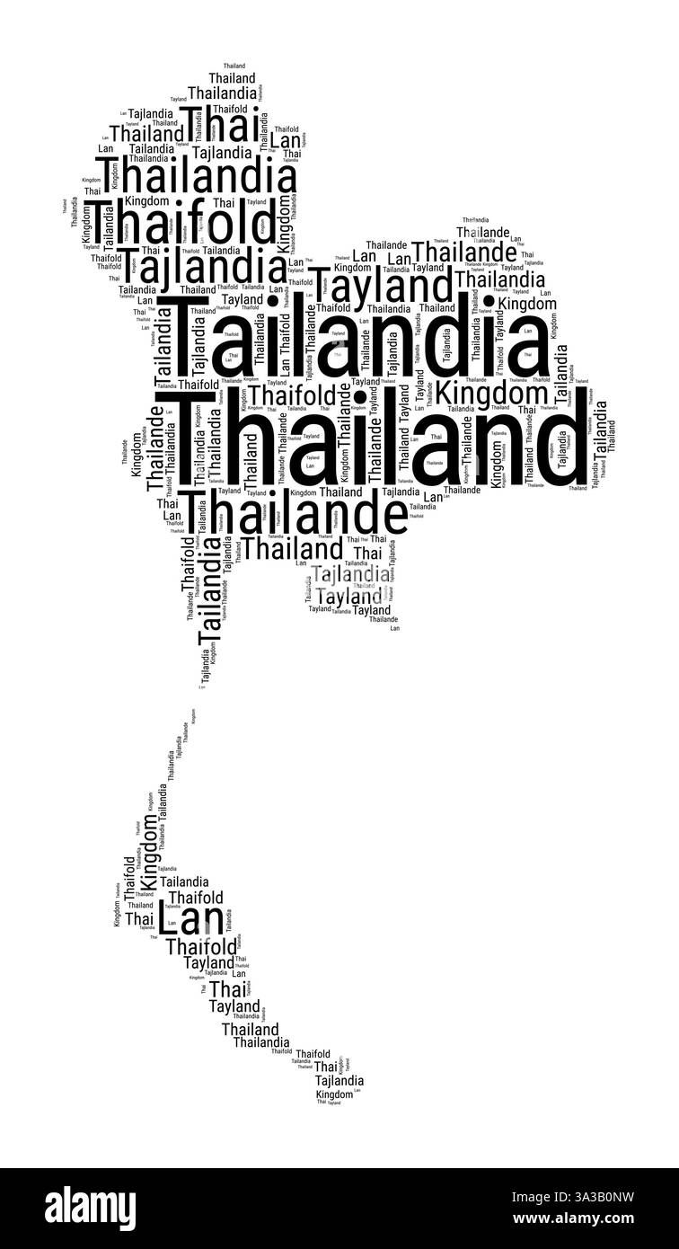 Nuvola di parole in bianco e nero in forma thailandese. Semplice illustrazione del paese in stile tipografico. Nuvola di testo nera in Thailandia su sfondo bianco. Illustrazione Vettoriale