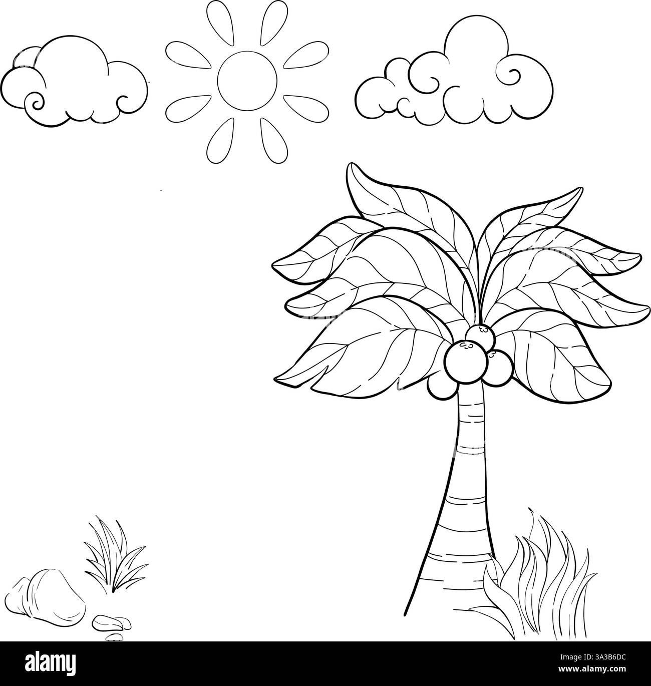 Elementi vettoriali di sfondo del periodo giurassico, natura, sole, nuvole, palme bianche e nere in stile cartoni animati. Sagoma per circuito Illustrazione Vettoriale