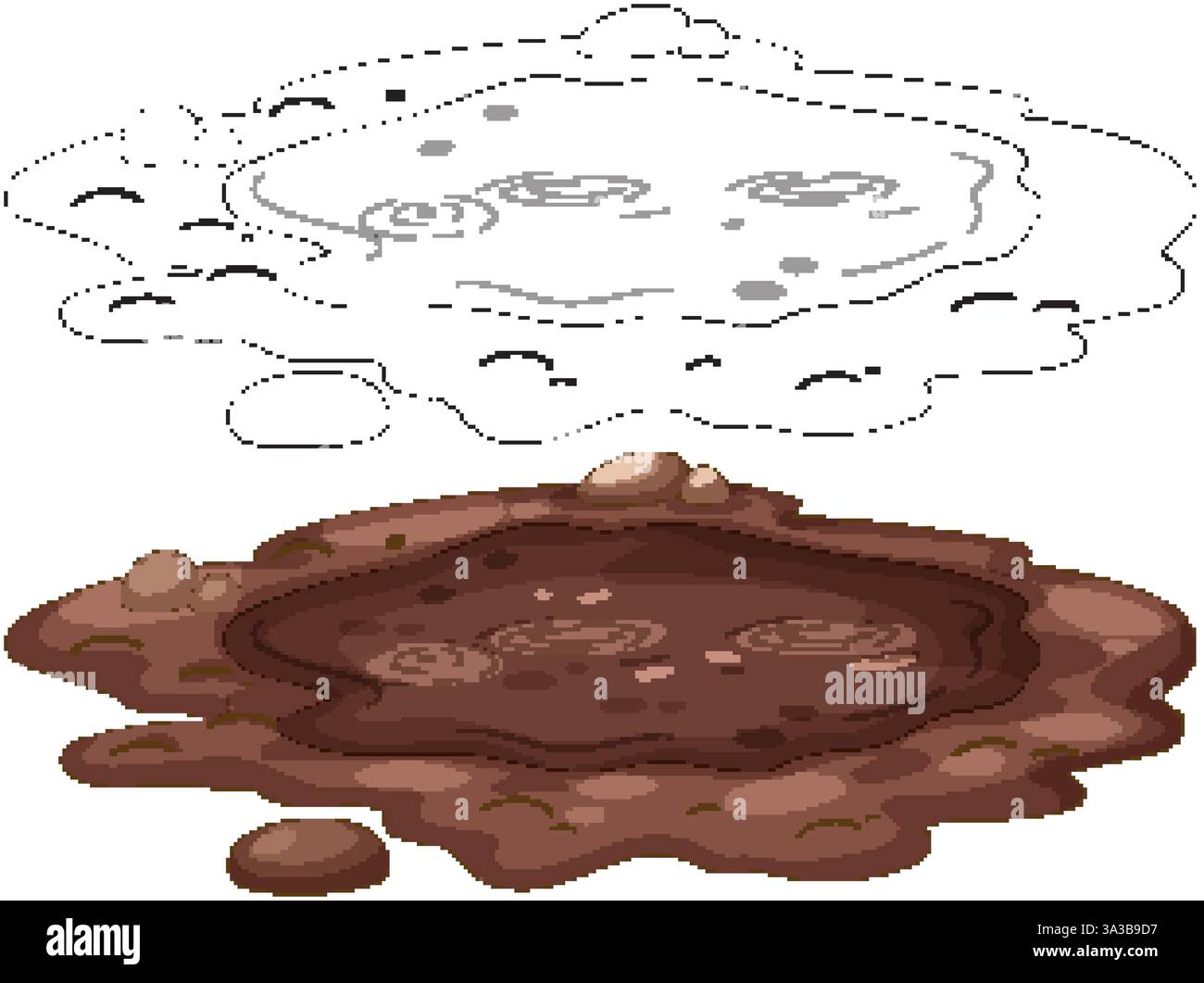 Un'allegra illustrazione vettoriale di un puddle di fango cartoni animati con rocce, che mostra sia le versioni colorate che il contorno Illustrazione Vettoriale