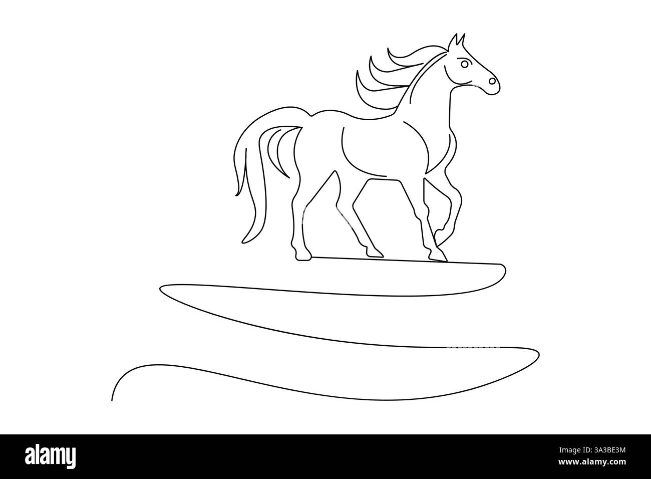Disegno a cavallo continuo su una linea con icona vettoriale in bianco e nero Illustrazione Vettoriale