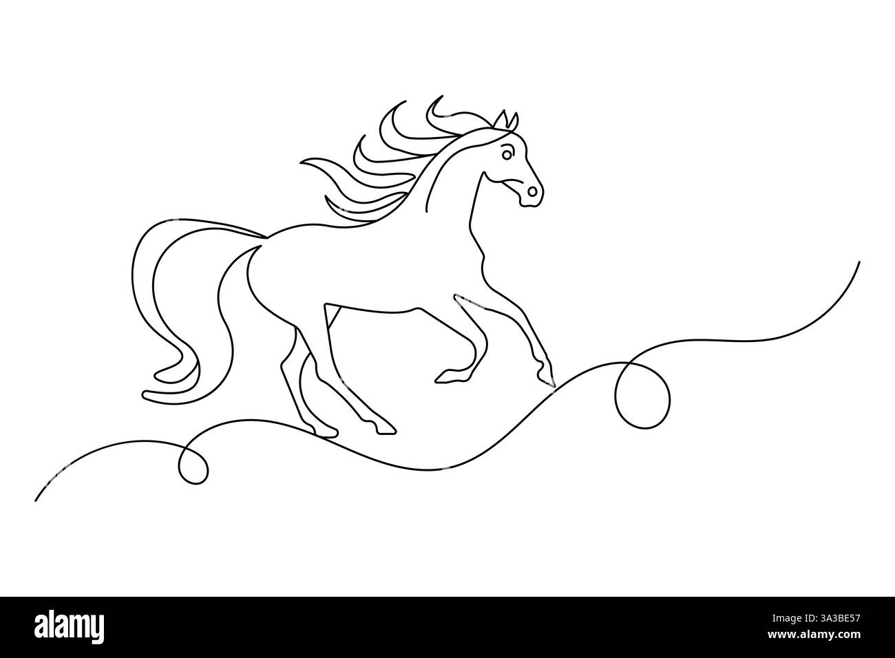 Disegno a cavallo continuo su una linea con icona vettoriale in bianco e nero Illustrazione Vettoriale