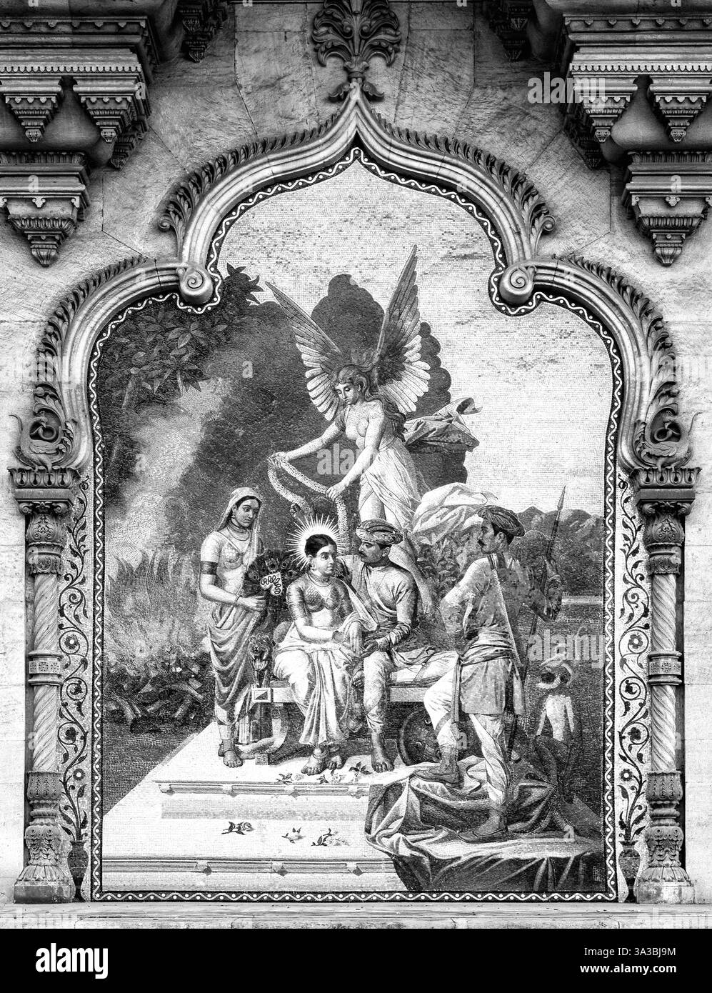03 01 2012 Vintage Old Bkack and White Photo of Ceramic Mosaic painting outside durbar hall, Laxmi Vilas Palace, Vadodara, Gujarat, India, Asia. Foto Stock