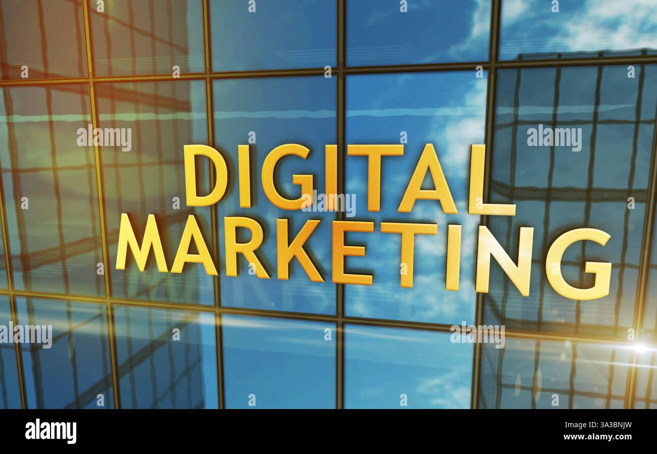 Digital marketing Glass Building Concept. Simbolo commerciale dell'algoritmo di intelligenza artificiale sull'illustrazione 3d della facciata anteriore. Foto Stock