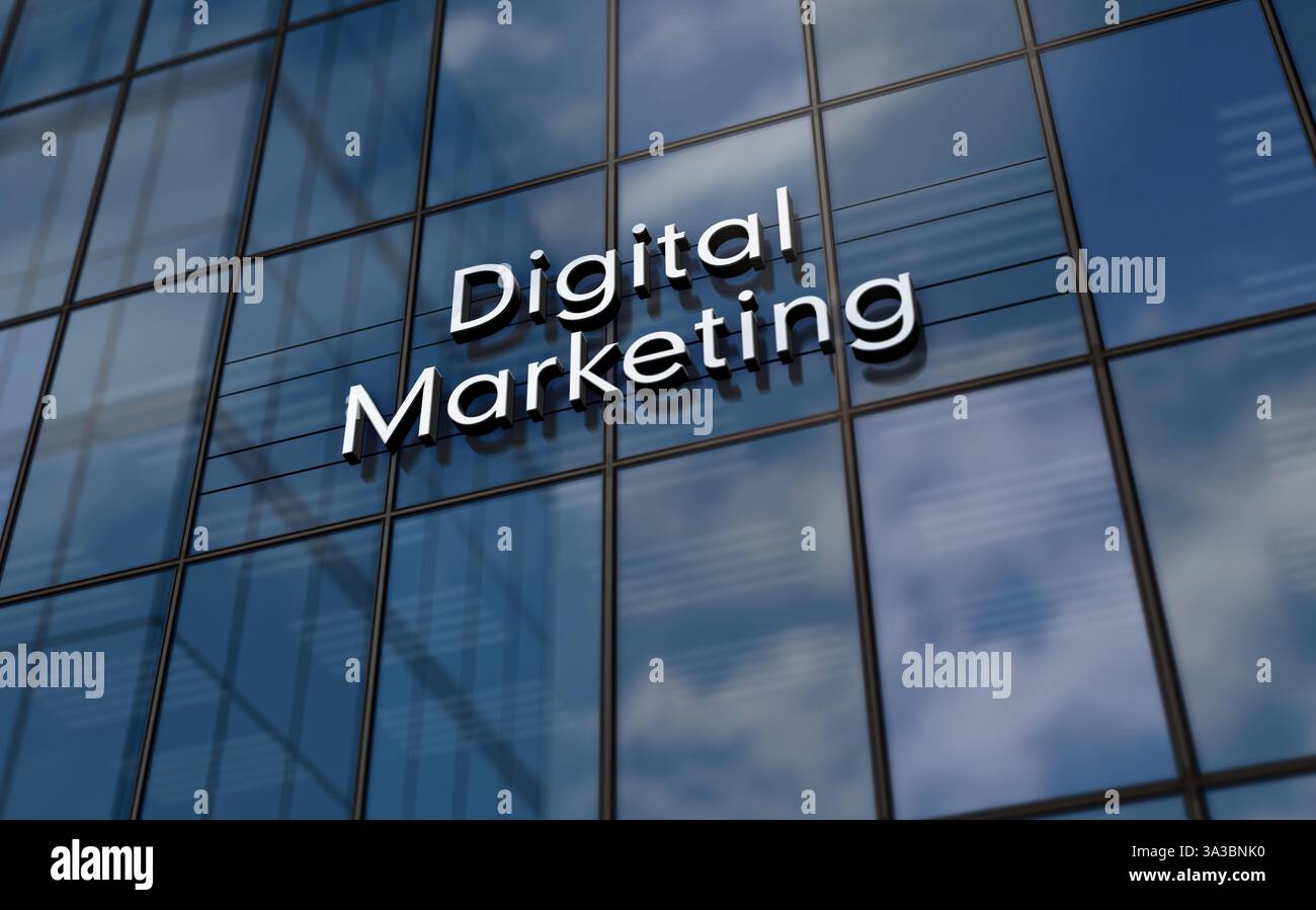 Digital marketing Glass Building Concept. Simbolo commerciale dell'algoritmo di intelligenza artificiale sull'illustrazione 3d della facciata anteriore. Foto Stock