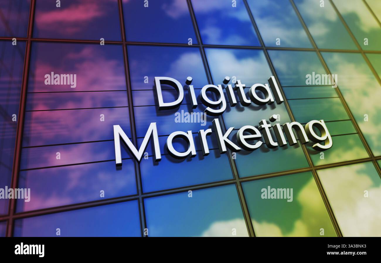 Digital marketing Glass Building Concept. Simbolo commerciale dell'algoritmo di intelligenza artificiale sull'illustrazione 3d della facciata anteriore. Foto Stock