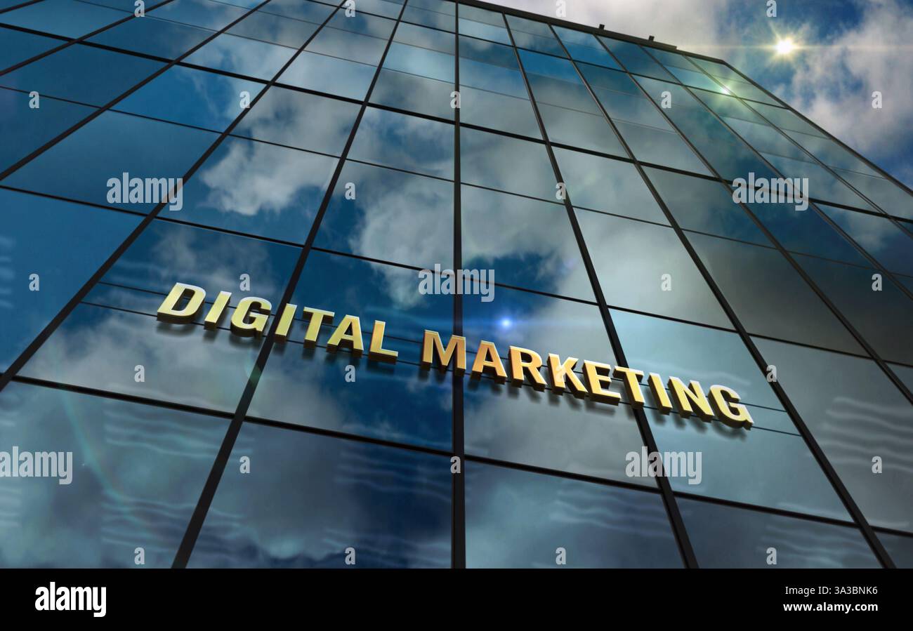 Digital marketing Glass Building Concept. Simbolo commerciale dell'algoritmo di intelligenza artificiale sull'illustrazione 3d della facciata anteriore. Foto Stock