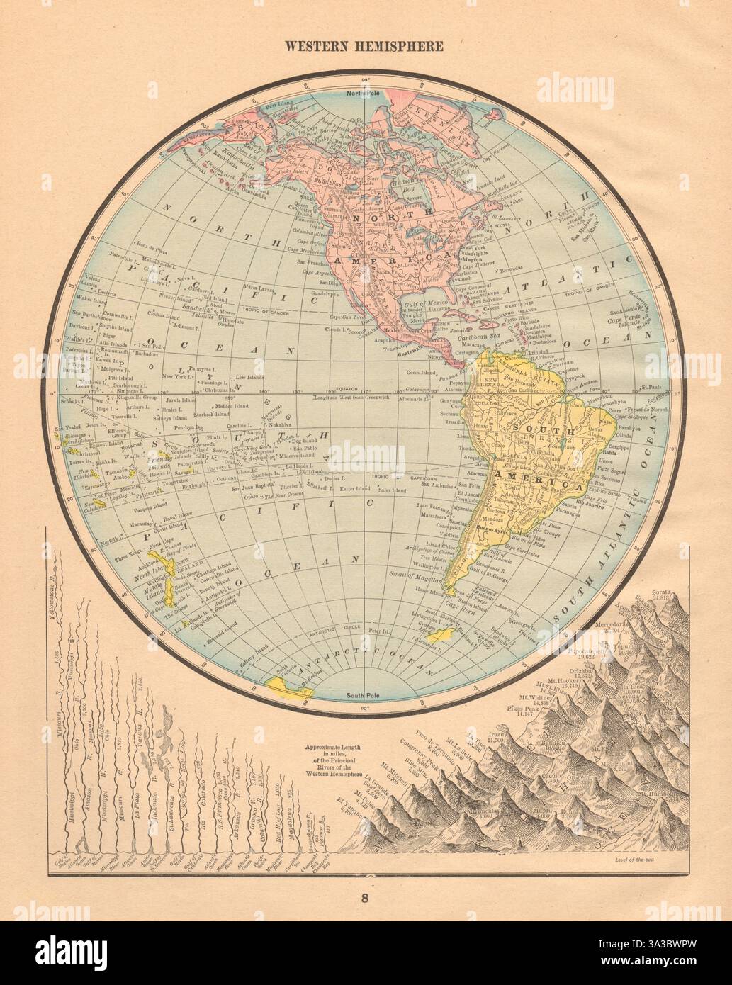 Emisfero occidentale. Montagne e fiumi. Americhe. CRAM 1894 vecchia mappa antica Foto Stock