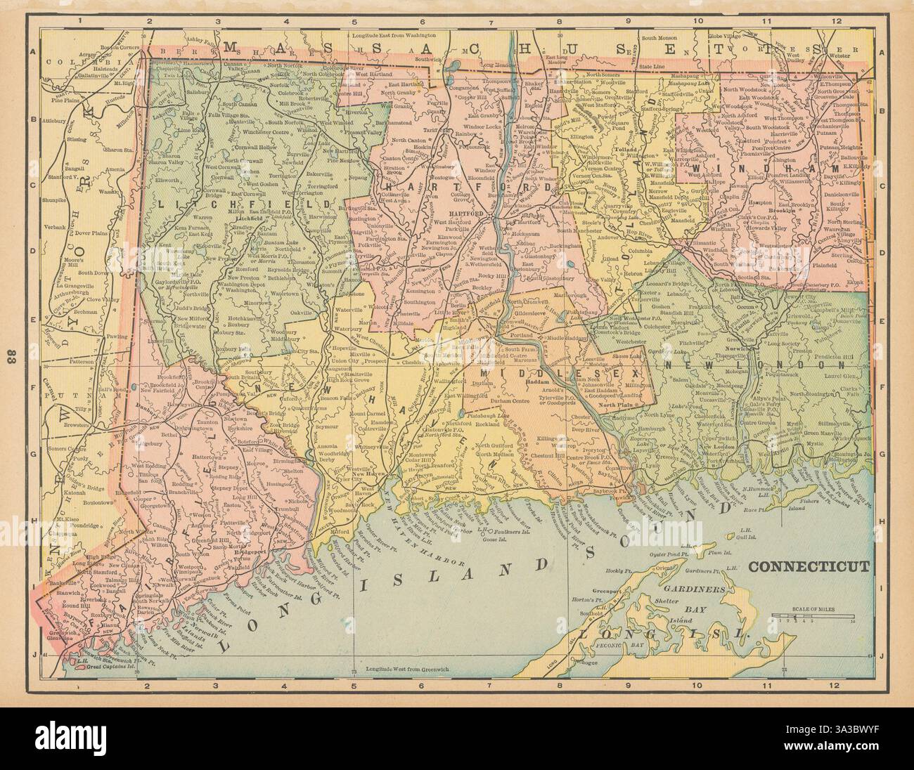Mappa dello stato del Connecticut nelle contee. CRAM 1894 vecchia tabella dei piani d'antiquariato Foto Stock
