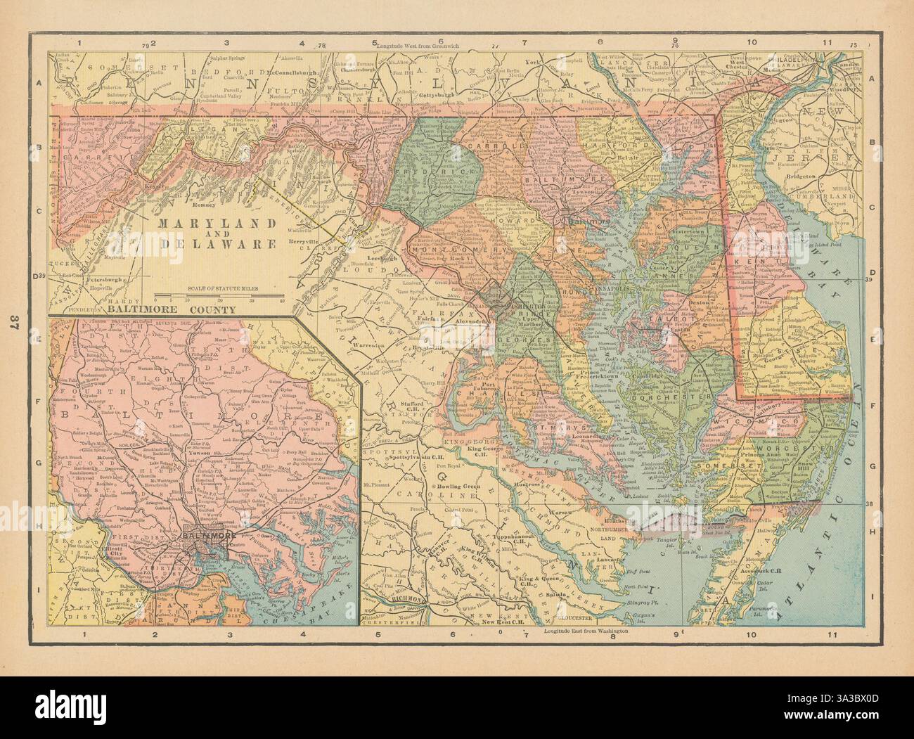 Maryland e Delaware. Mappa dello stato della contea di Baltimora nelle contee. CAVOLO 1894 Foto Stock