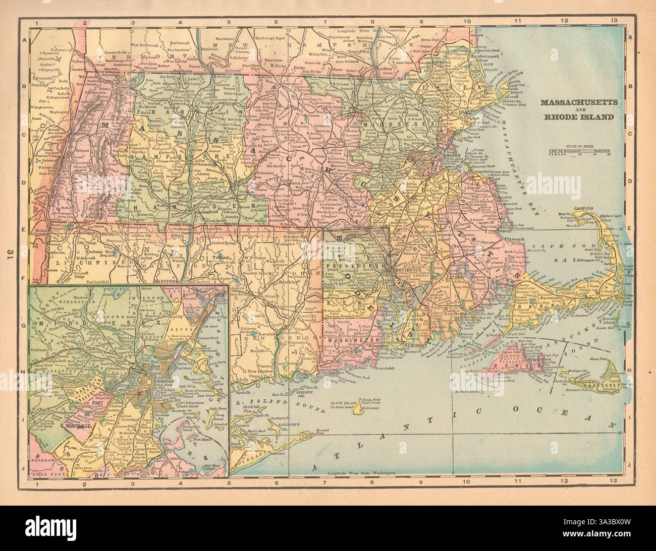 Mappa dello stato del Massachusetts e del Rhode Island nelle contee. CAVOLO 1894 vecchio Foto Stock