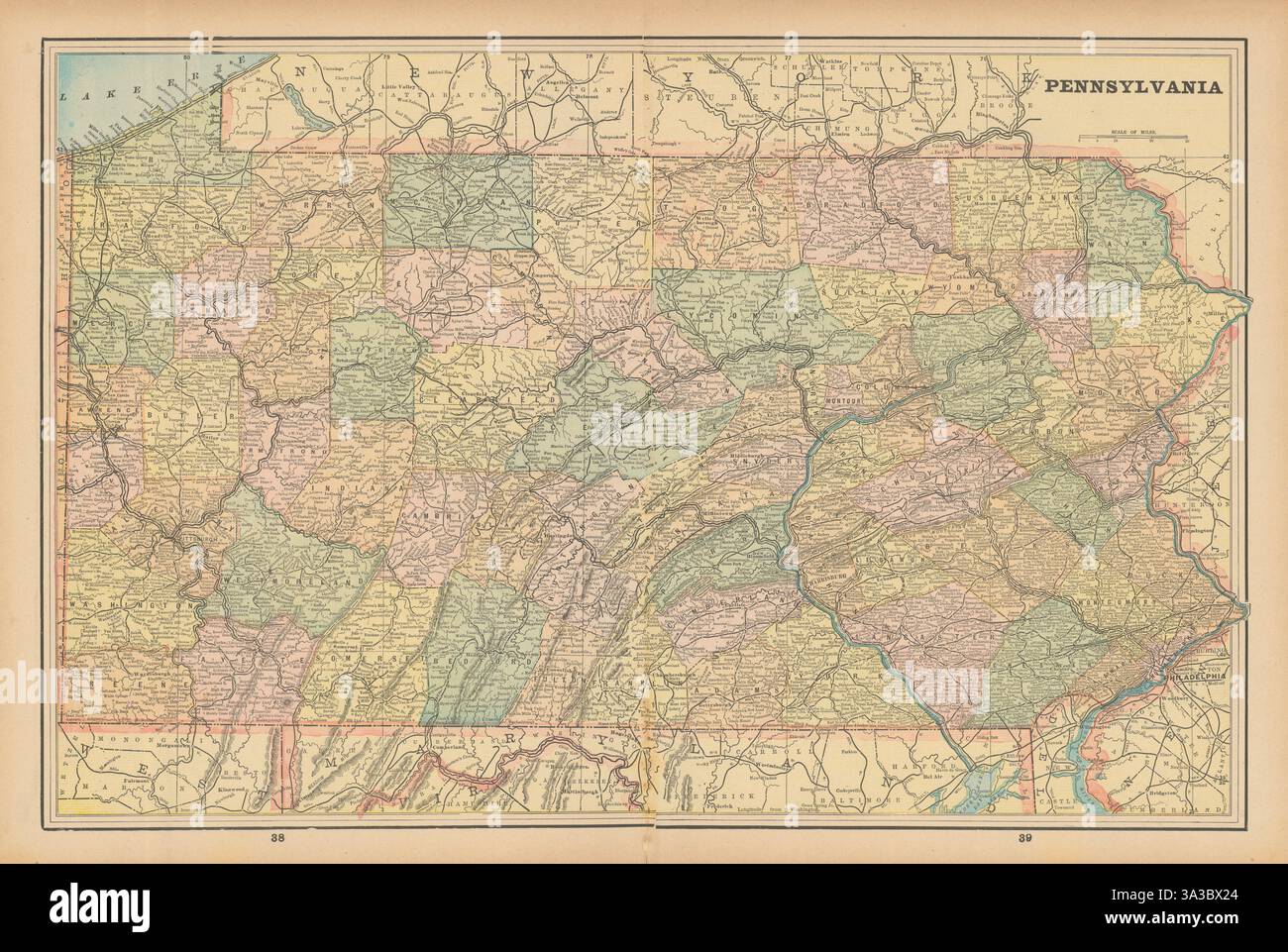 Mappa dello stato della Pennsylvania nelle contee. CRAM 1894 vecchia tabella dei piani d'antiquariato Foto Stock