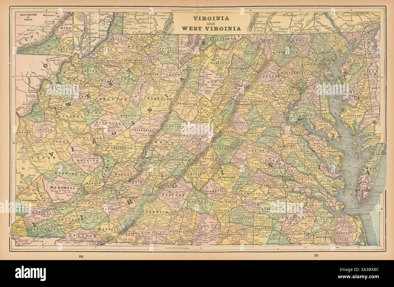 Mappa dello stato della Virginia e della Virginia Occidentale nelle contee. CRAM 1894 vecchio antiquariato Foto Stock