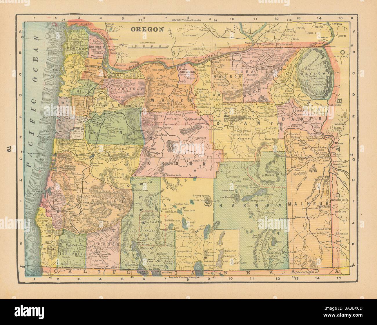 Mappa dello stato dell'Oregon nelle contee. CRAM 1894 Old Old vintage plan chart Foto Stock