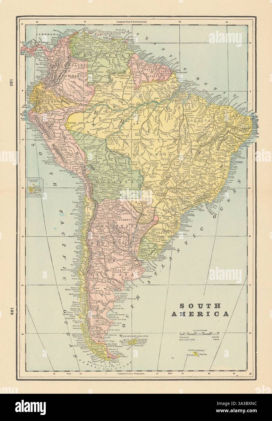 Sud America. Brasile Argentina Bolivia Perù Cile &c. Vecchia cartina 1894 Foto Stock