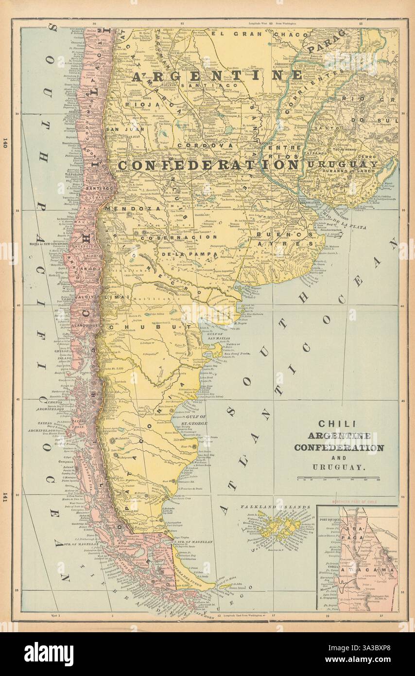 Chili, Confederazione Argentina & Uruguay Cile Argentina Patagonia CUM 1894 mappa Foto Stock