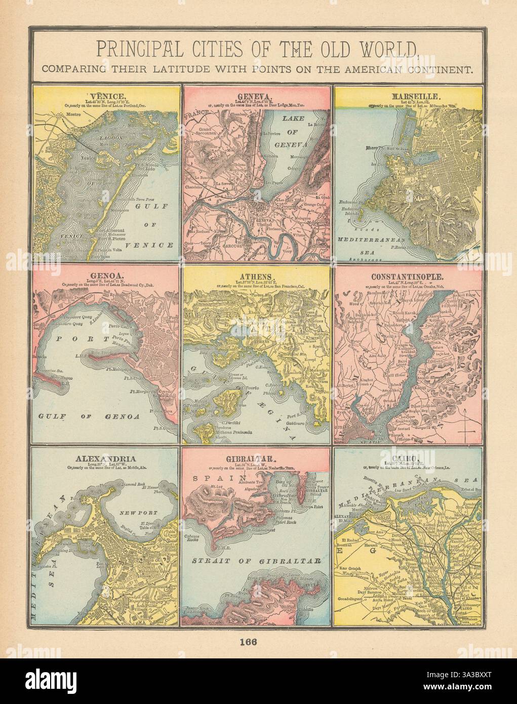 Venezia Ginevra Marsiglia Genova Atene Alessandria Gibilterra Cairo 1894 vecchia mappa Foto Stock
