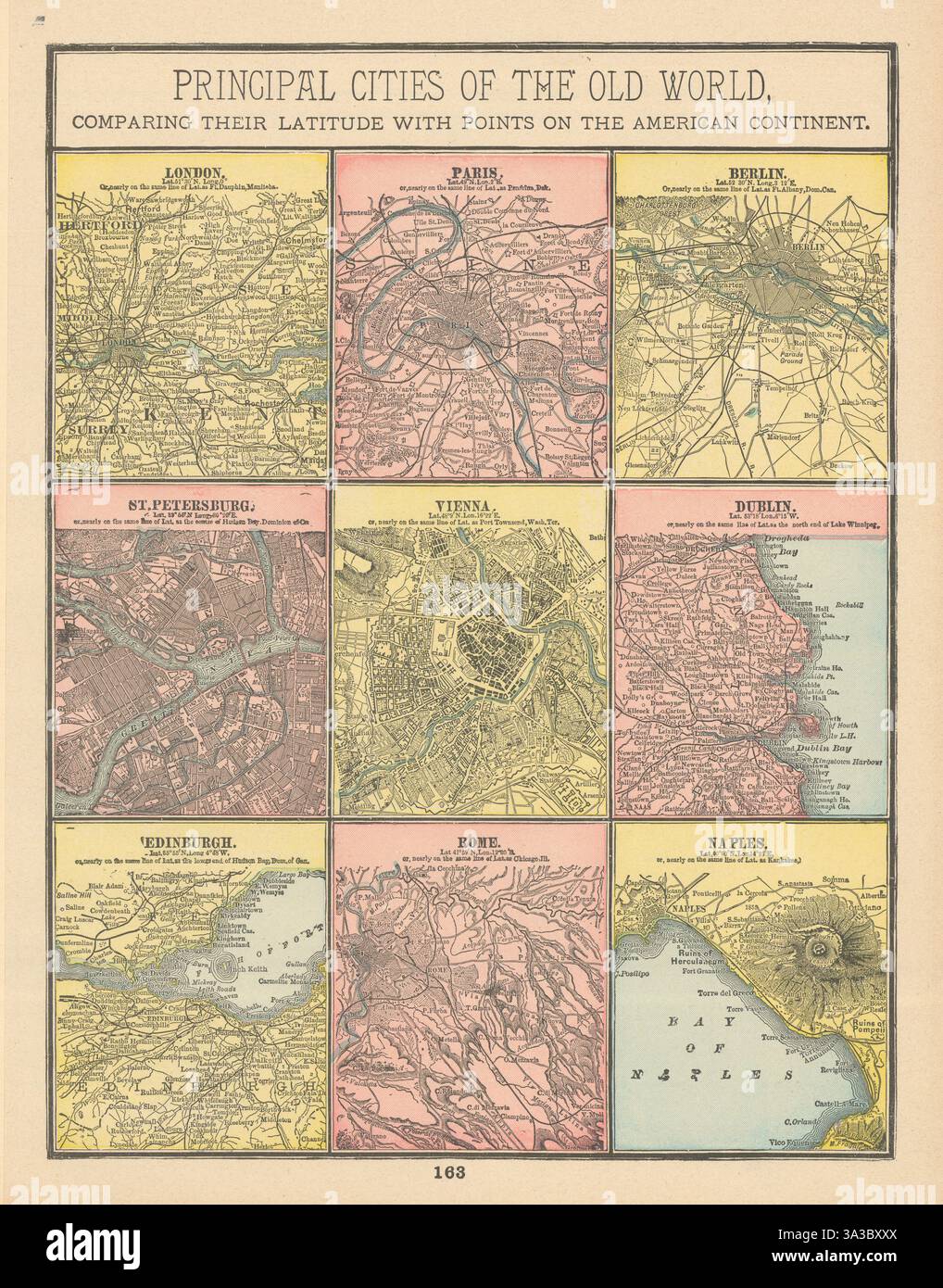 Città europee. Londra Parigi Berlino Vienna Dublino Roma Napoli. Mappa CRAM 1894 Foto Stock