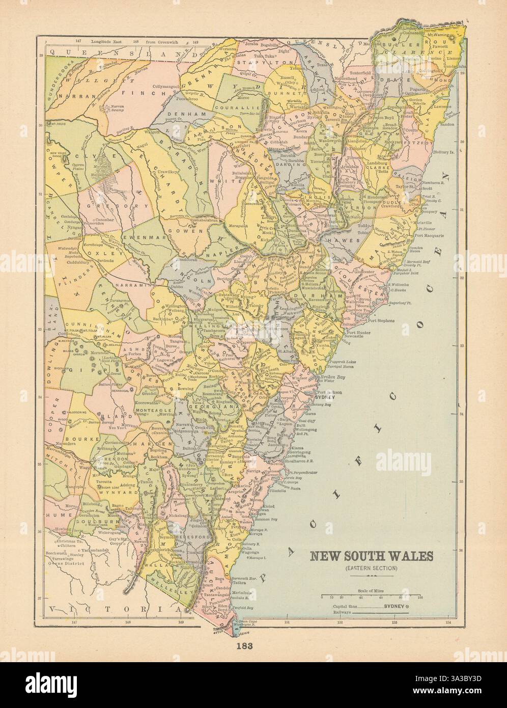 Mappa dello stato del nuovo Galles del Sud (sezione orientale). Australia. CAVOLO 1894 vecchio Foto Stock