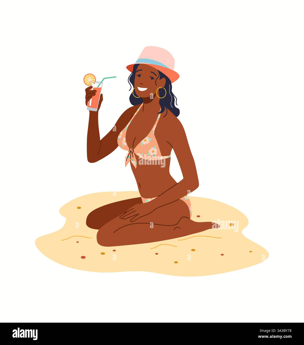 Illustrazione di una donna in un bikini floreale seduta su una spiaggia sabbiosa che sorseggia un drink. Indossa un cappello rosa e sorride mentre tiene un cocktail con una sl Illustrazione Vettoriale