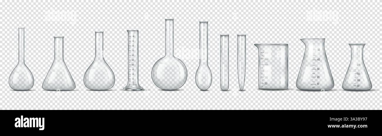 Vari tipi di vetreria da laboratorio trasparente, tra cui matracci, becher e cilindri graduati, sono visualizzati su uno sfondo a scacchi. Illustrazione Vettoriale