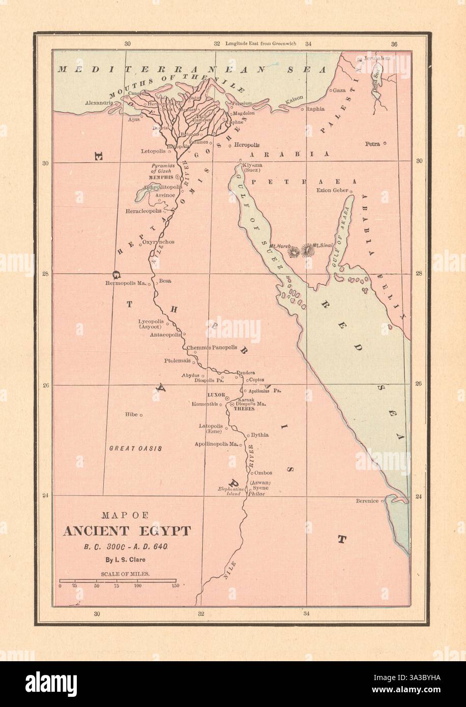 Mappa dell'antico Egitto 3000 a.C. - 640 d.C. CLARE 1894 vecchia tabella dei piani antichi Foto Stock