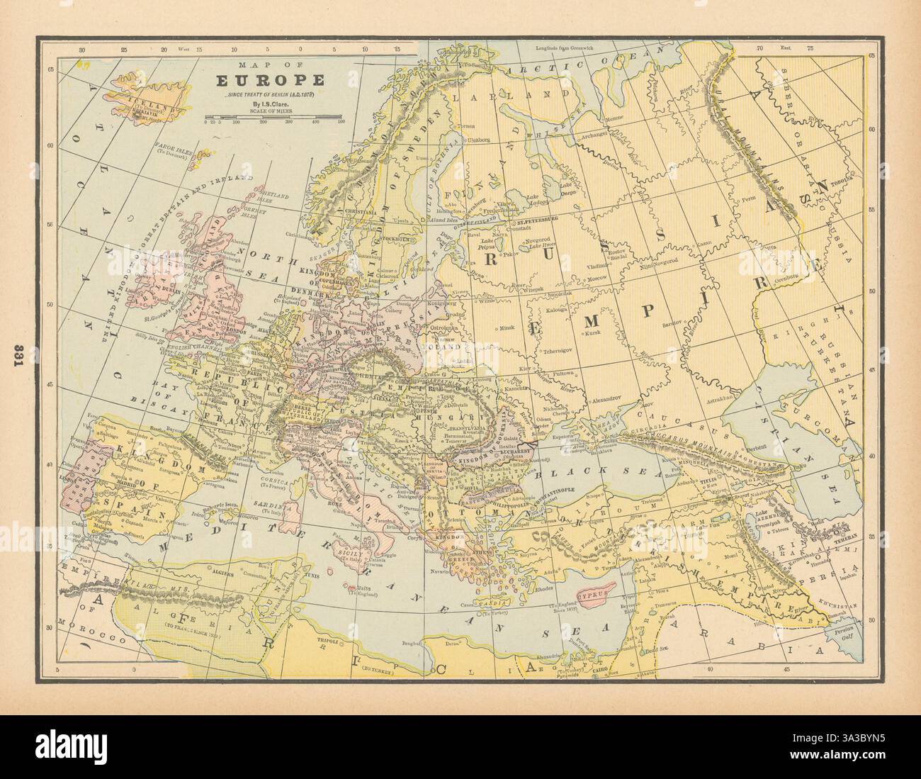 Mappa dell'Europa dal Trattato di Berlino, 1878 d.C. CLARE 1894 antichi antichi Foto Stock