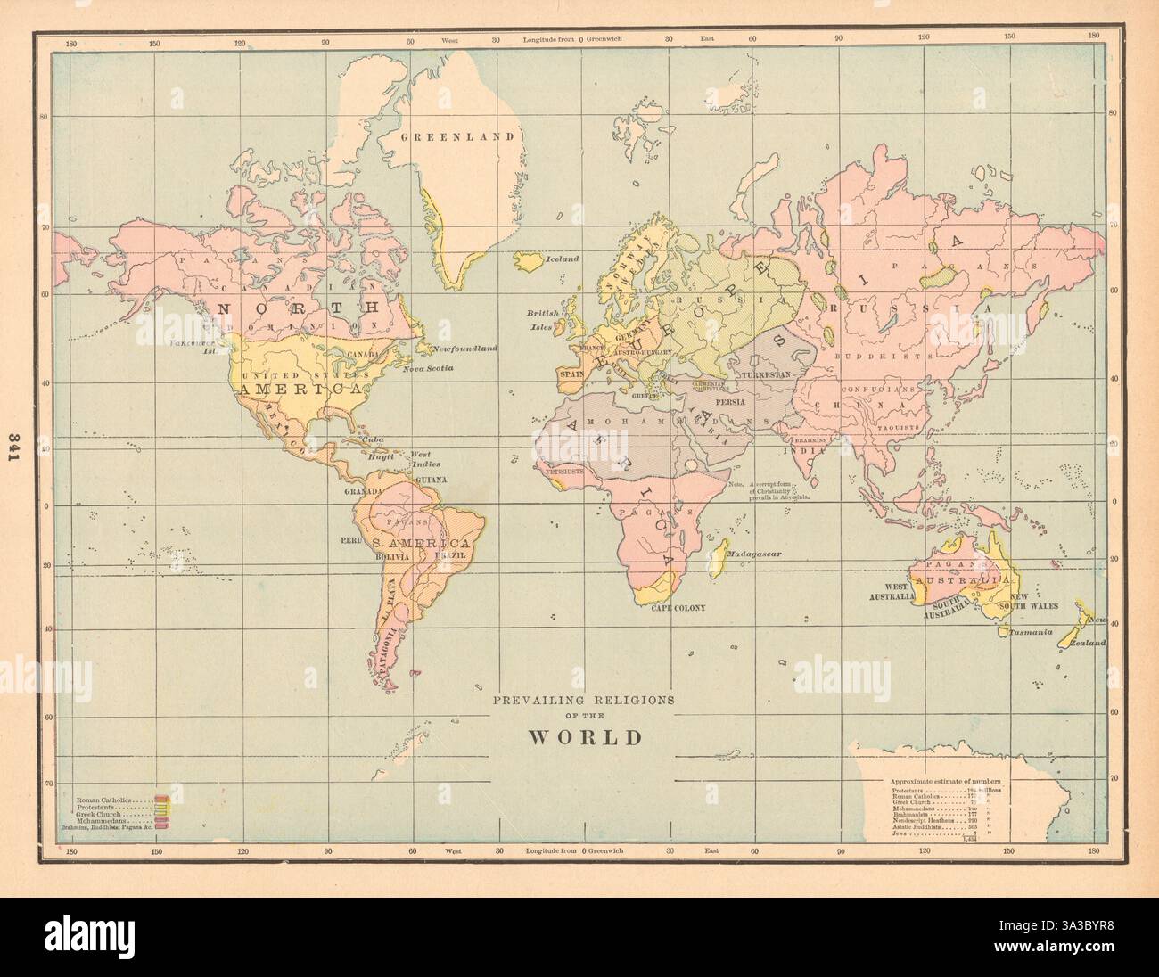 Religioni prevalenti nel mondo. Chiesa greca protestante cattolica &c.. Mappa CRAM 1894 Foto Stock