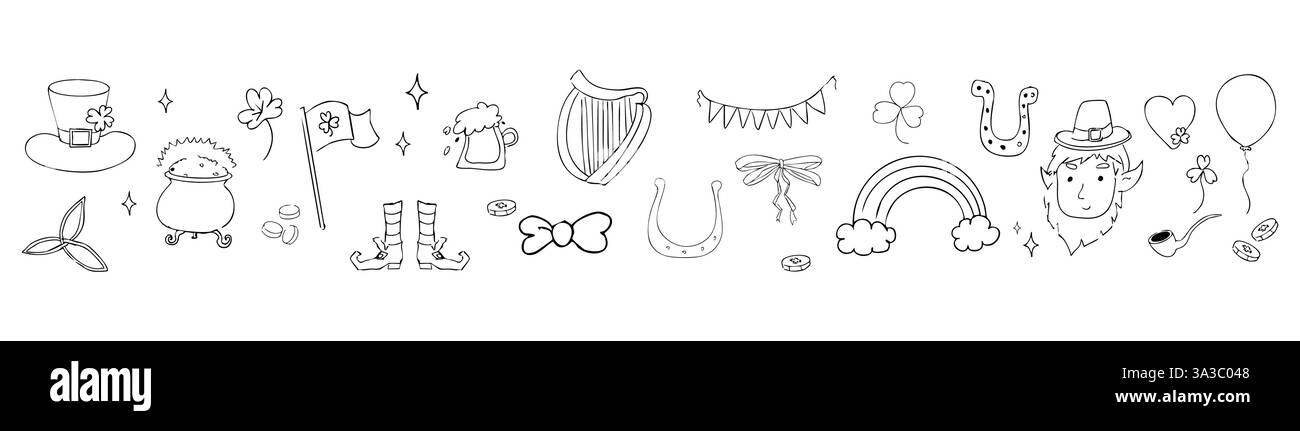 Decorazioni in stile doodle per il giorno di San Patrizio con decorazioni tradizionali. Arcobaleno, arpa, monete e trifoglio fortunato. . Illustrazione vettoriale Illustrazione Vettoriale
