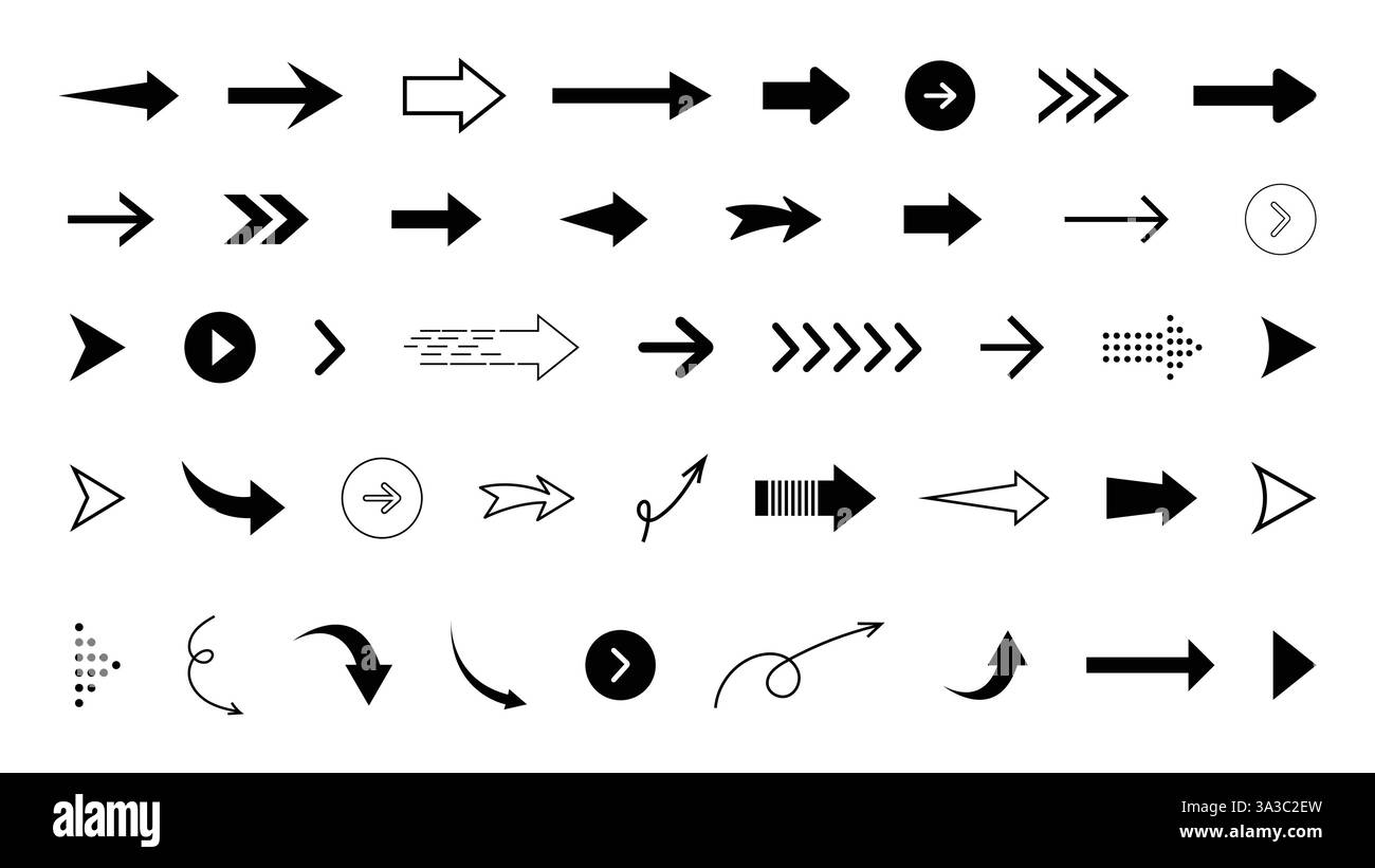 Set di icone con frecce nere. icona freccia. Frecce curve. Segno con la freccia. Icone di stile piatto. Illustrazione vettoriale Illustrazione Vettoriale