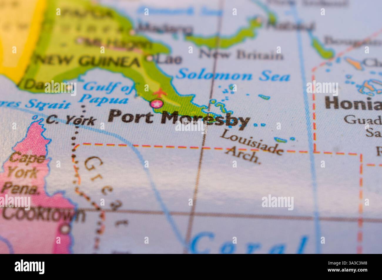 Port Moresby sulla Mappa del mondo - Mappa politica Geo Foto Stock