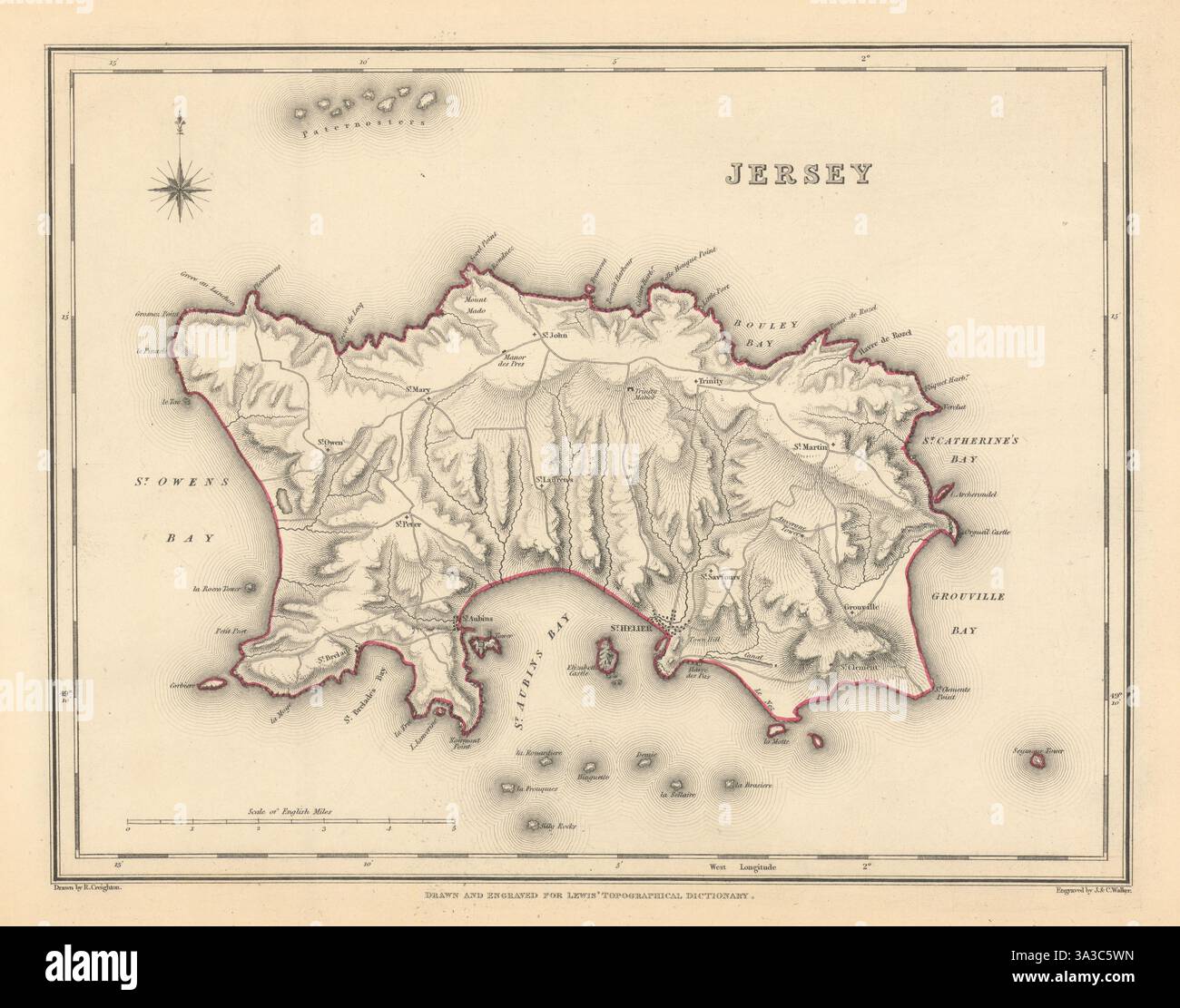 Antica mappa dell'isola di JERSEY di Creighton & Walker per Lewis c1840 Foto Stock