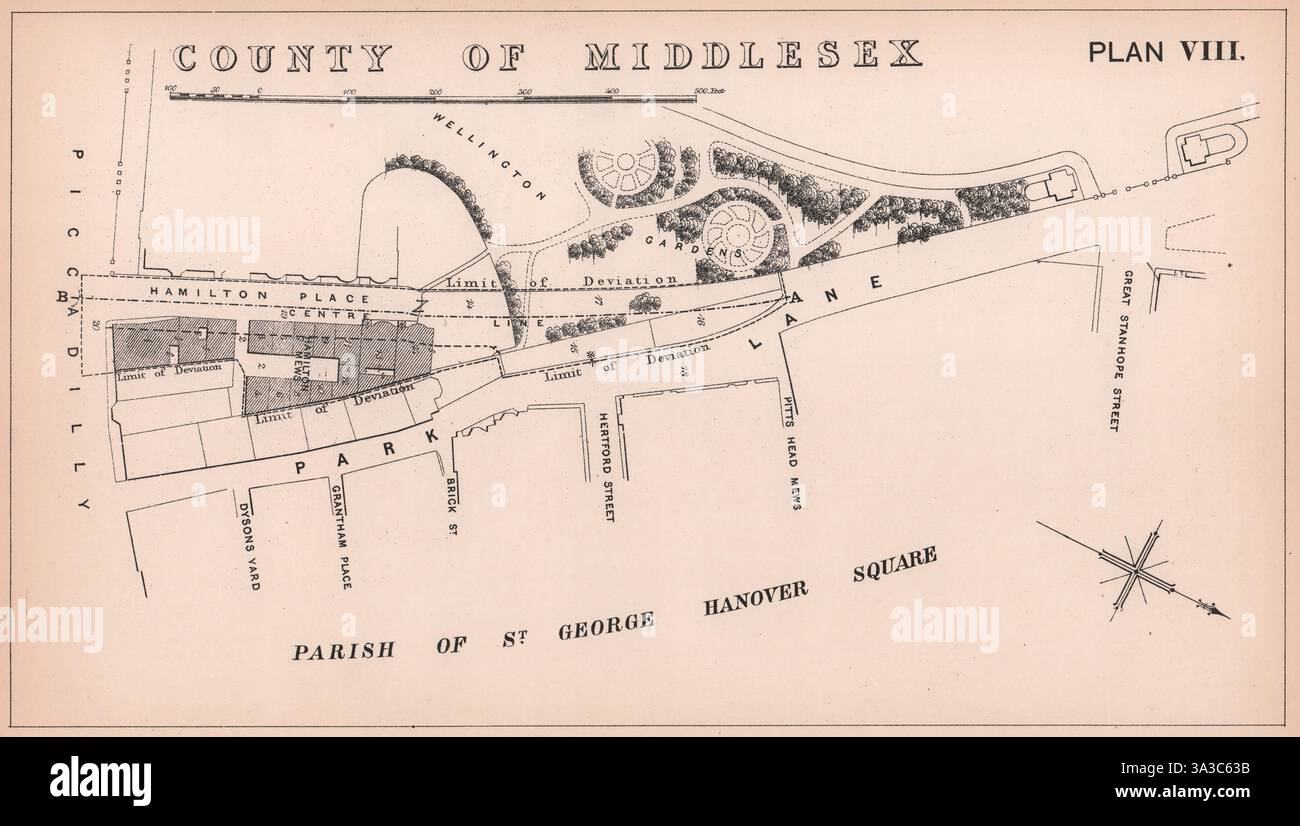 1871 Old Park Lane e Hamilton Place allargamento. Piccadilly. Mappa di Mayfair 1898 Foto Stock