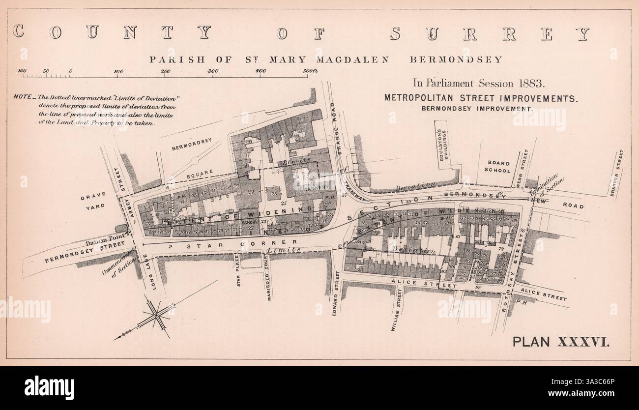1883 Bermondsey Street. Ampliamento della Tower Bridge Road. Abbey St-Rothsay St 1898 mappa Foto Stock