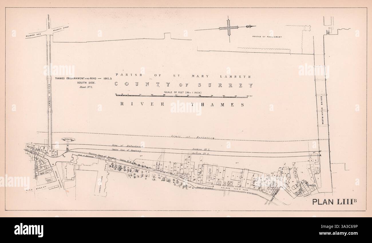 1862-3 Albert Embankment. Lambeth Bridge - Westminster Bridge. Mappa Lambeth 1898 Foto Stock