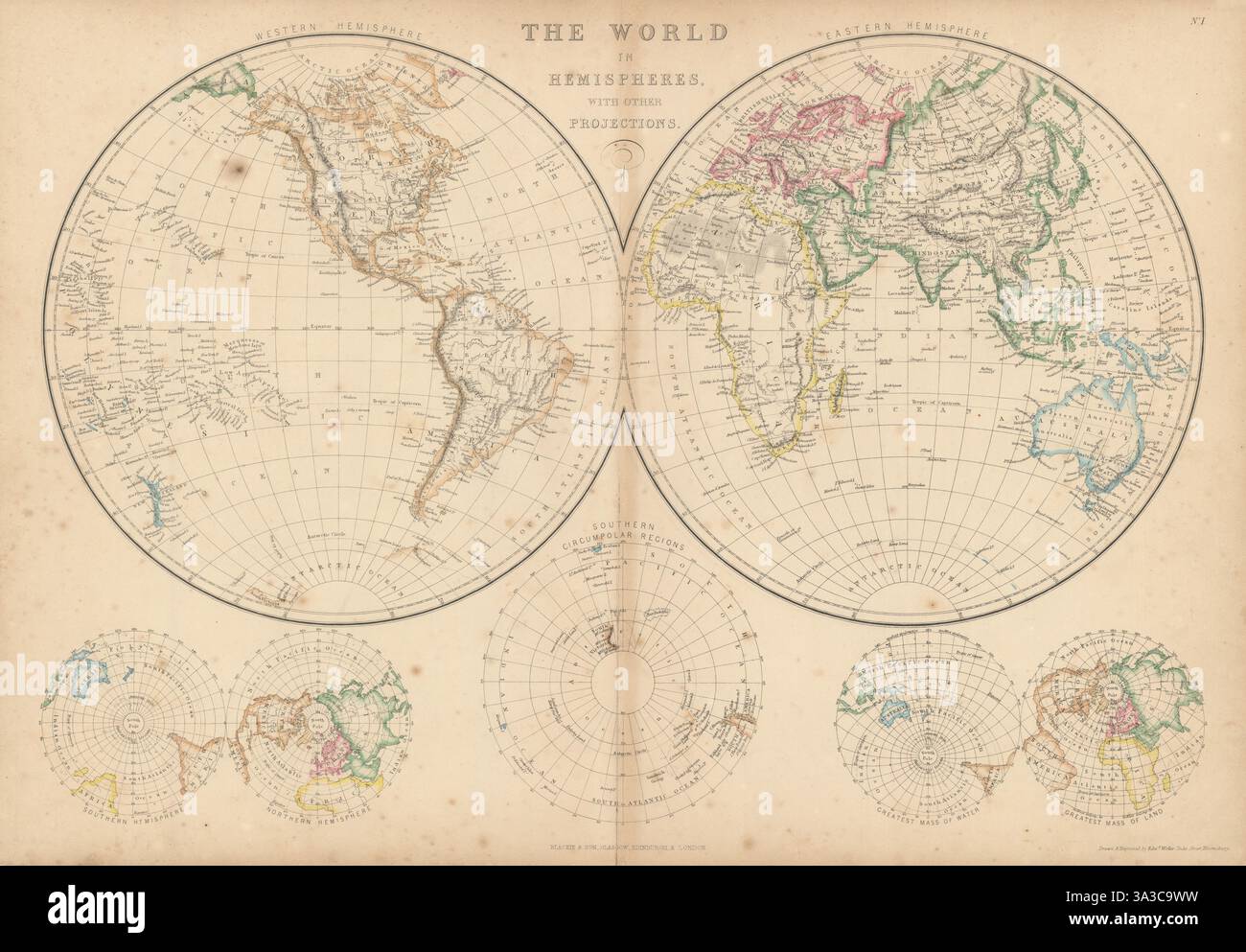 Il mondo negli emisferi con altre proiezioni di Edward Weller 1860 vecchia mappa Foto Stock