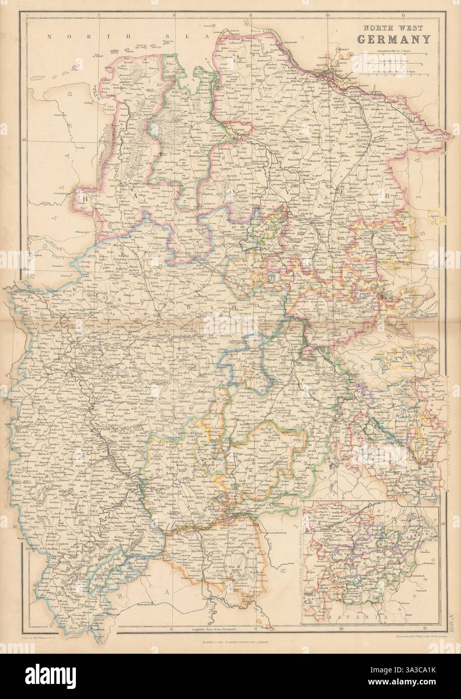 Germania nord-occidentale. Hannover, Prussia renana, Nassau, Assia. Mappa WELLER 1860 Foto Stock