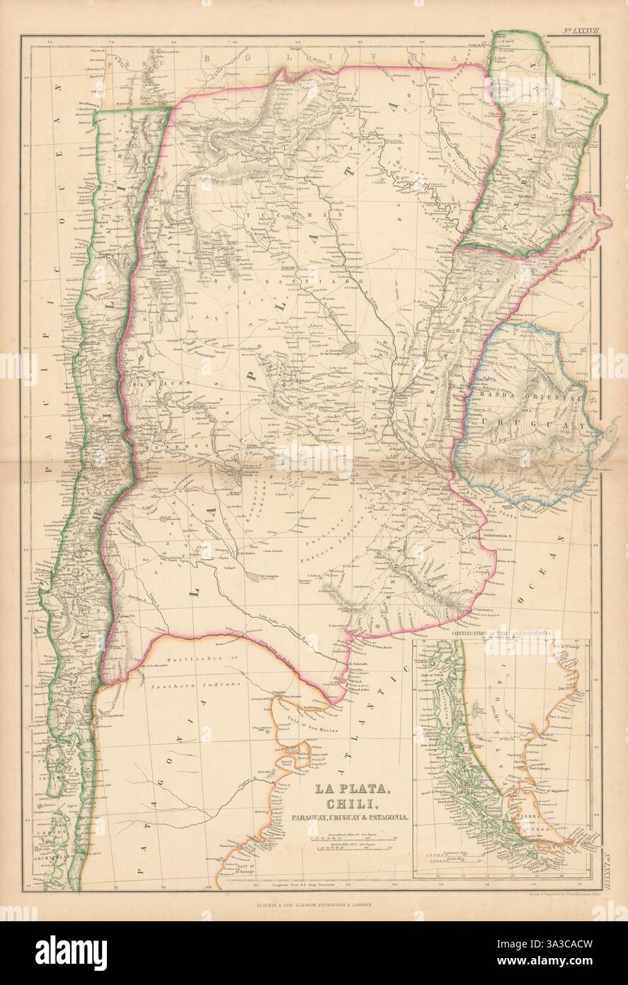 La Plata, Chili, Paraguay, Uruguay… Argentina Cile. BARTHOLOMEW 1860 vecchia mappa Foto Stock