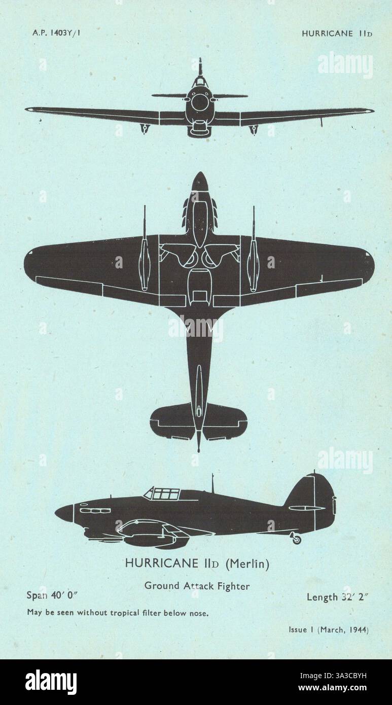 Hawker Hurricane IID, caccia d'attacco al suolo. Profilo di riconoscimento degli aeromobili 1944 Foto Stock
