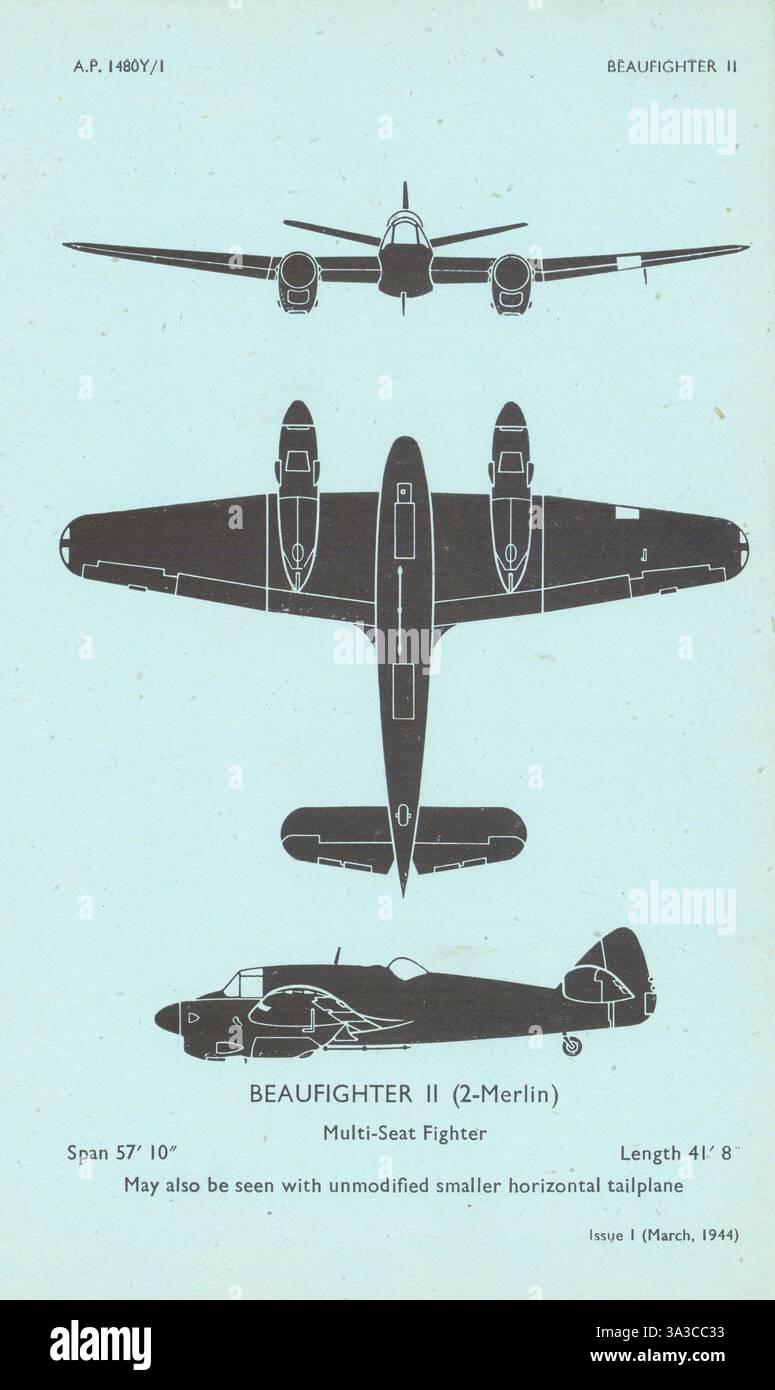 Bristol Beaufighter II, caccia multiposto. Profilo di riconoscimento degli aeromobili 1944 Foto Stock
