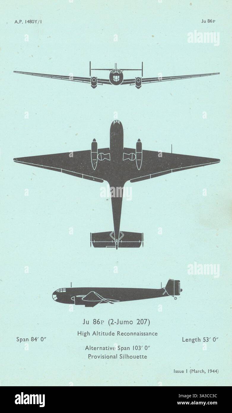 Junkers Ju 86P High Altitude Reconnaissance. Profilo di riconoscimento degli aeromobili 1944 Foto Stock