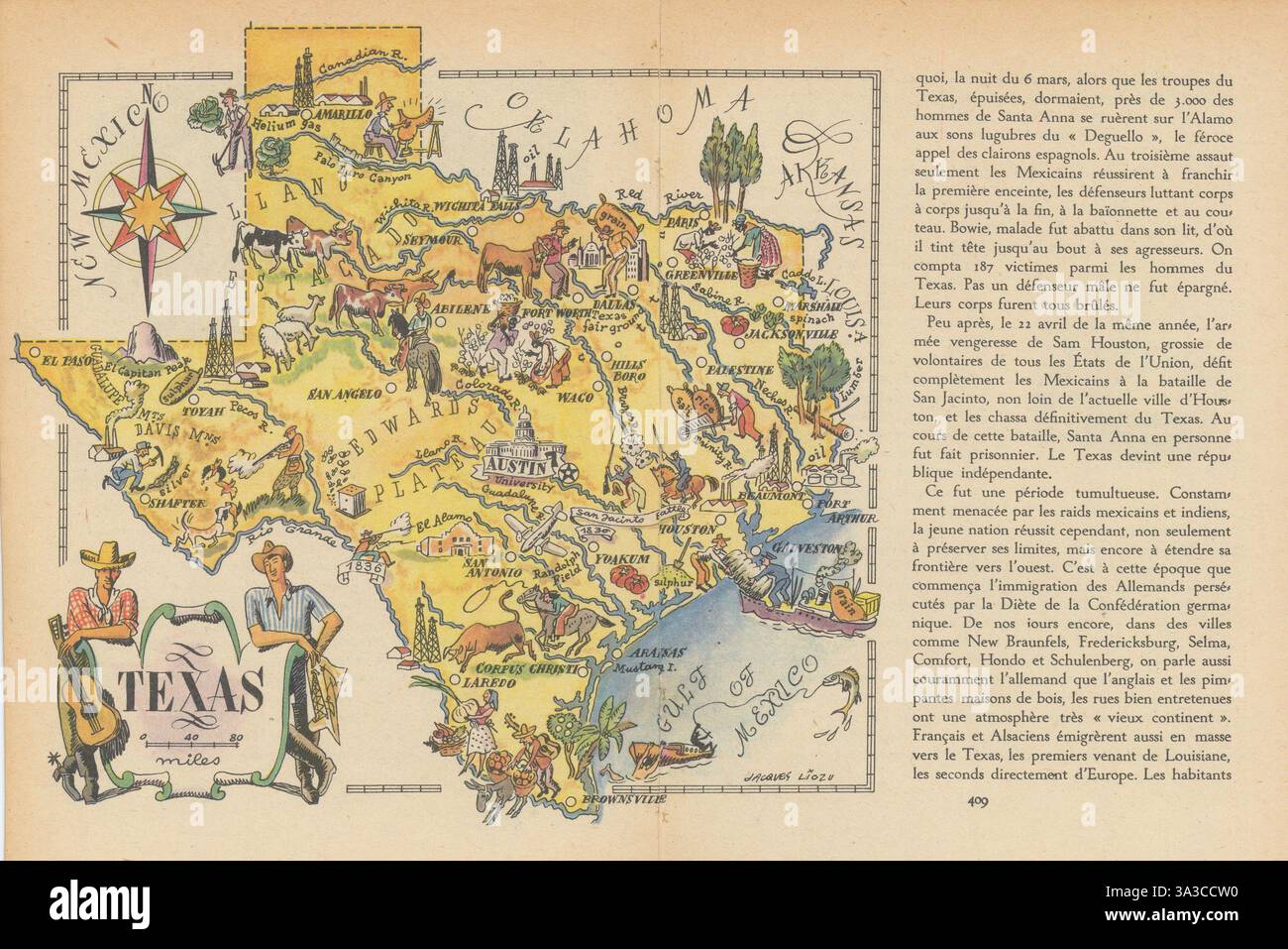 Piccola mappa di stato del Texas di Jacques Liozu 1946 vecchia mappa del piano d'epoca Foto Stock