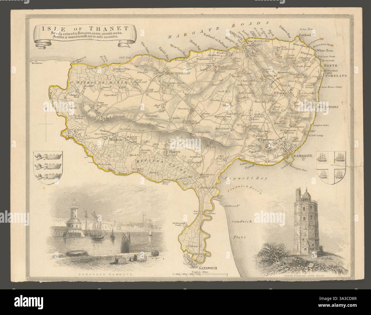 Isola di Thanet antica mappa colorata a mano di Thomas Moule c1840 vecchio Foto Stock