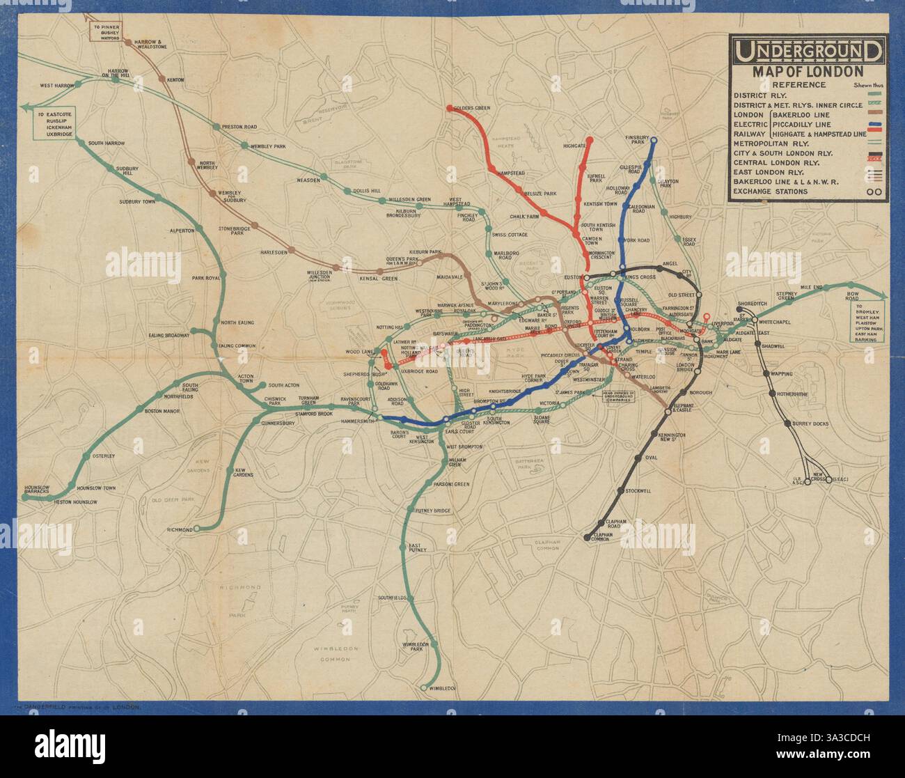 Mappa della metropolitana di Londra. Mappa delle ferrovie elettriche. Cosa vedere… Giugno 1919 Foto Stock